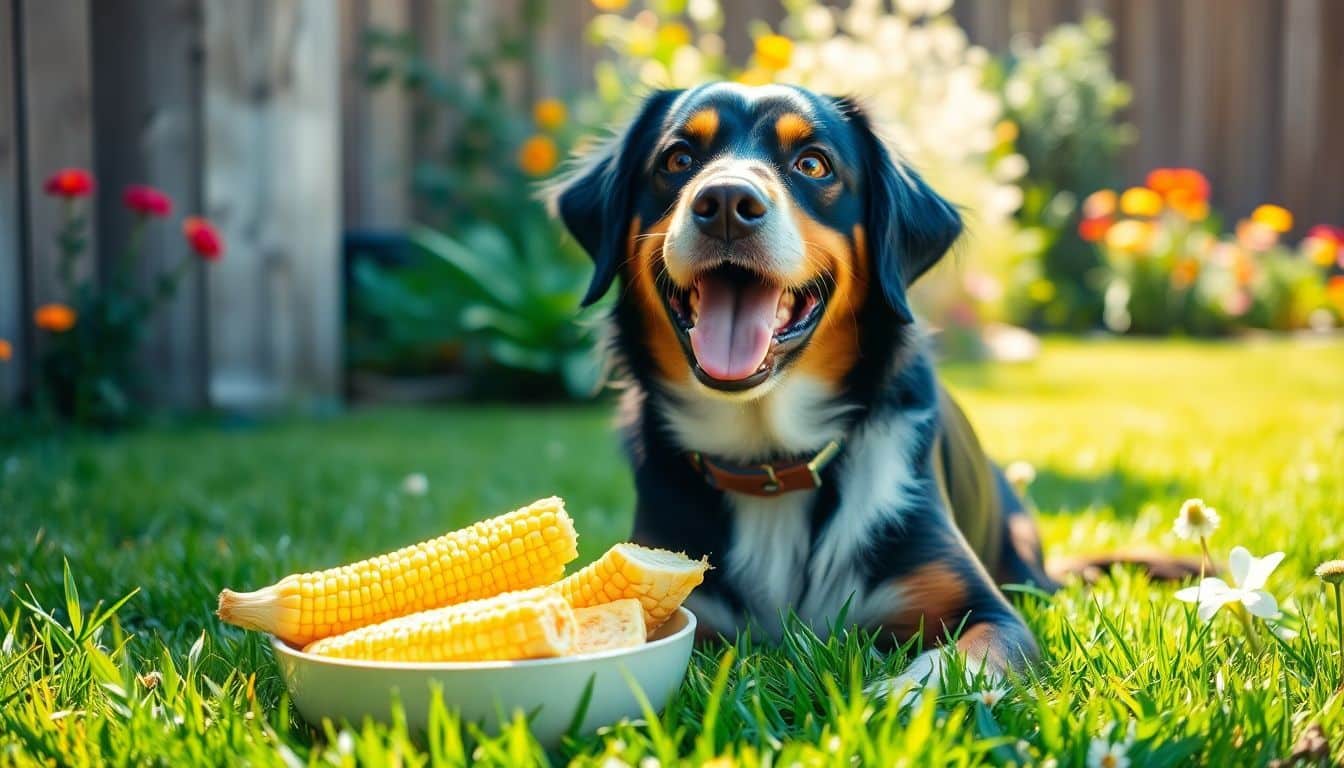 Een gelukkige hond geniet van maïs in de achtertuin. Een gelukkige hond geniet van maïs in de achtertuin.