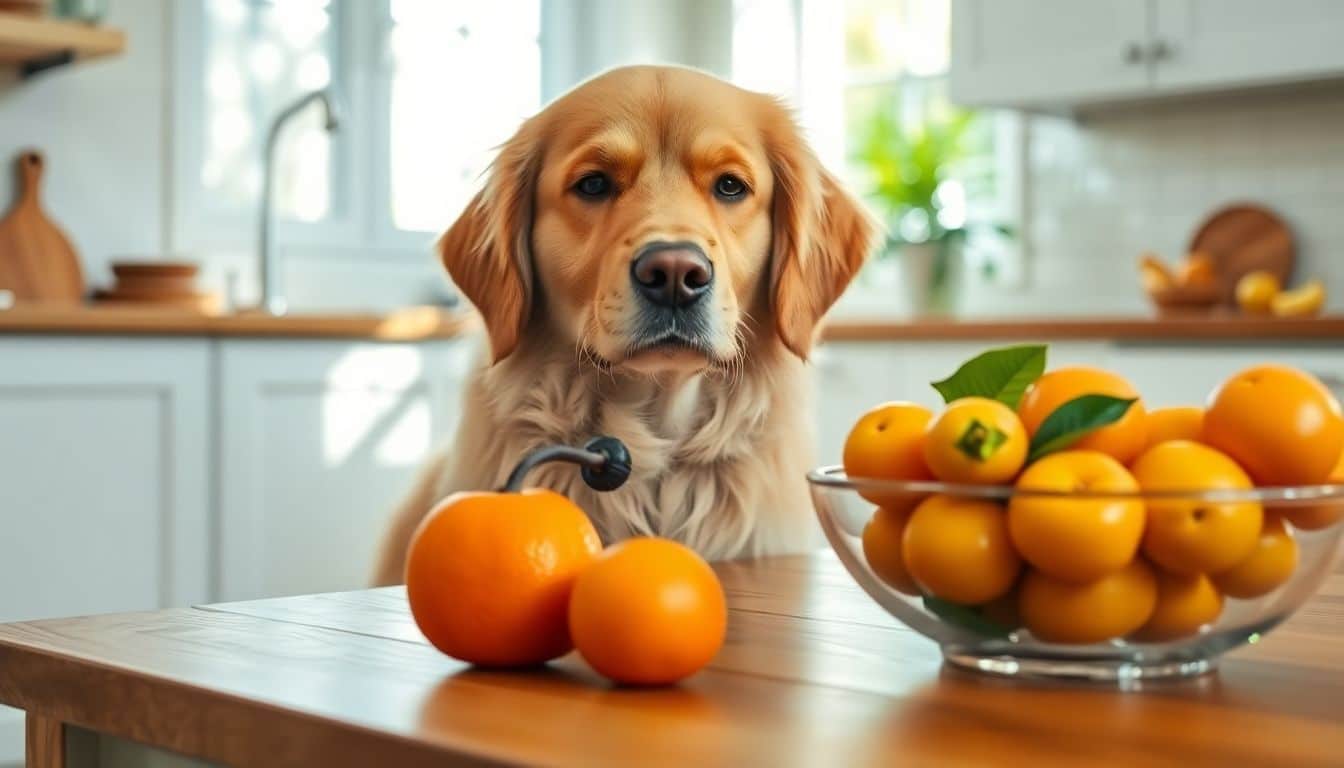 Een gouden retriever snuift aan een mandarijn op een houten tafel.