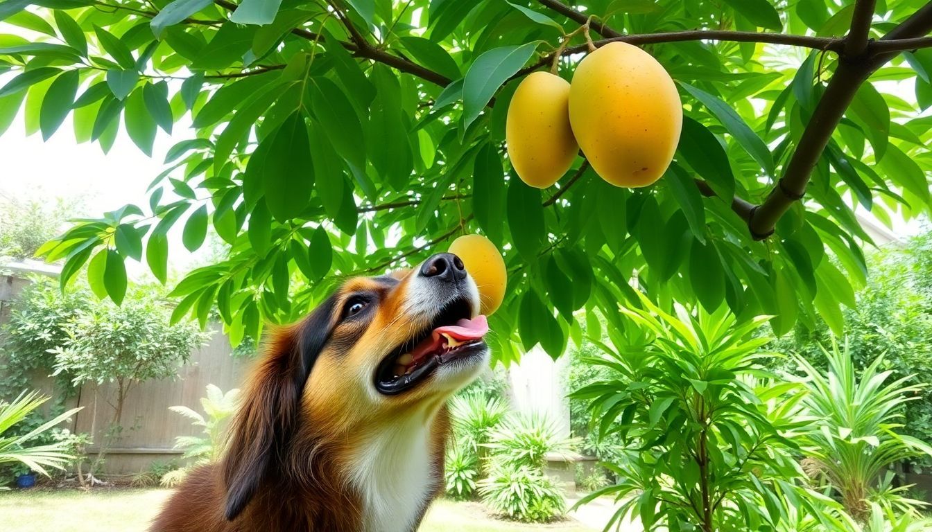 Een speelse hond geniet van een rijpe mango onder de schaduw van een boom.