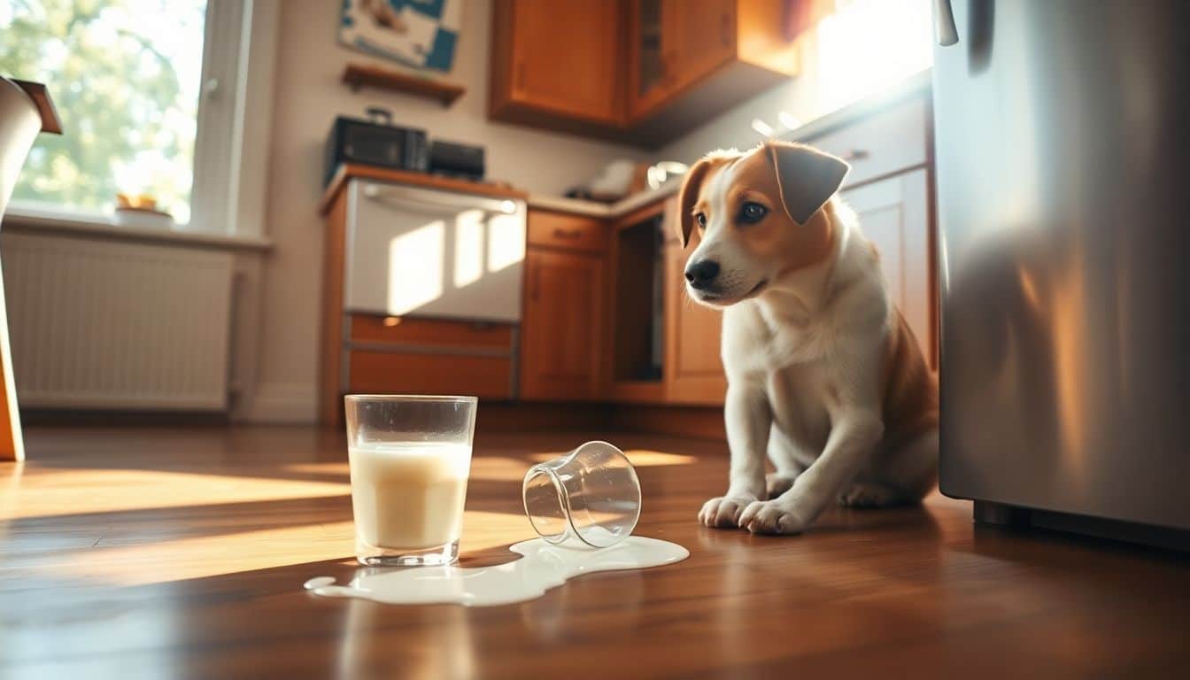 Een hond kijkt nieuwsgierig naar gemorst glas melk in keuken. Een hond kijkt nieuwsgierig naar gemorst glas melk in keuken.