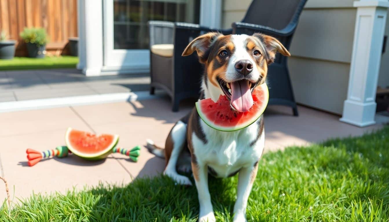 Een vrolijke hond geniet van een stuk watermeloen op de patio.