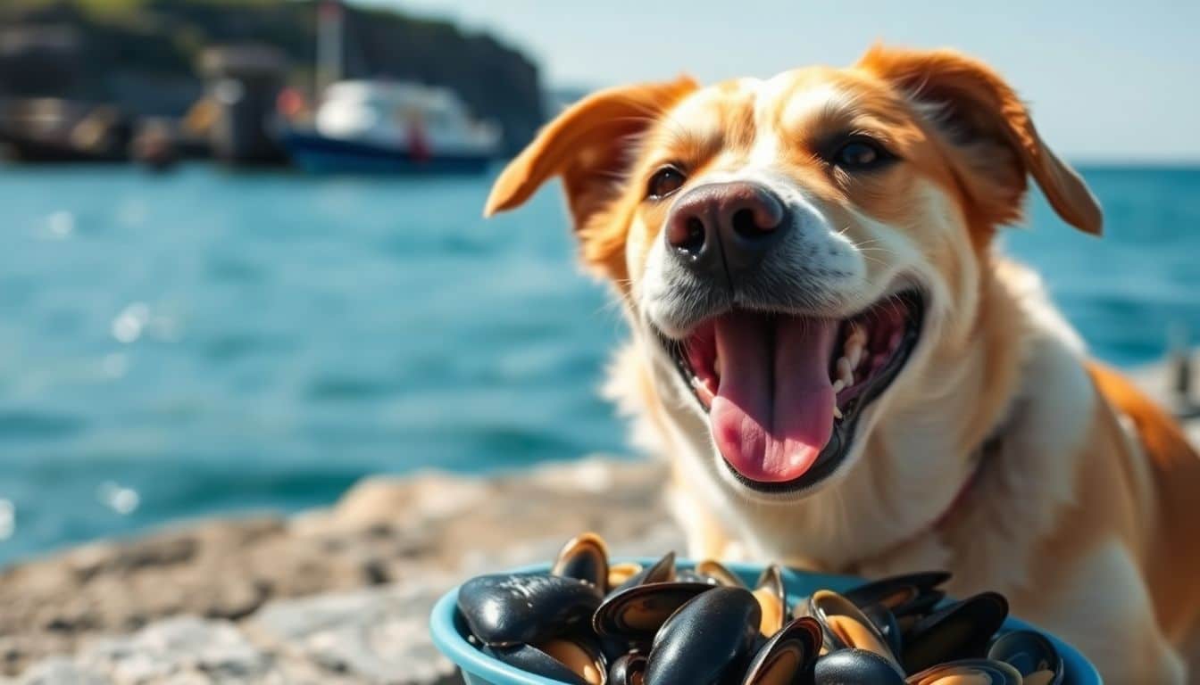 Een vrolijke hond geniet van een maaltje mosselen op het strand. Een vrolijke hond geniet van een maaltje mosselen op het strand.