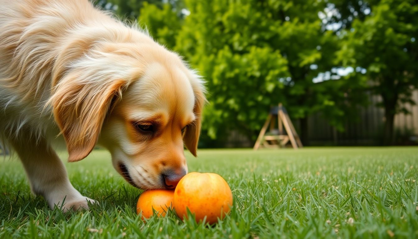 Een golden retriever snuffelt aan een rijpe nectarine in de achtertuin. Een golden retriever snuffelt aan een rijpe nectarine in de achtertuin.