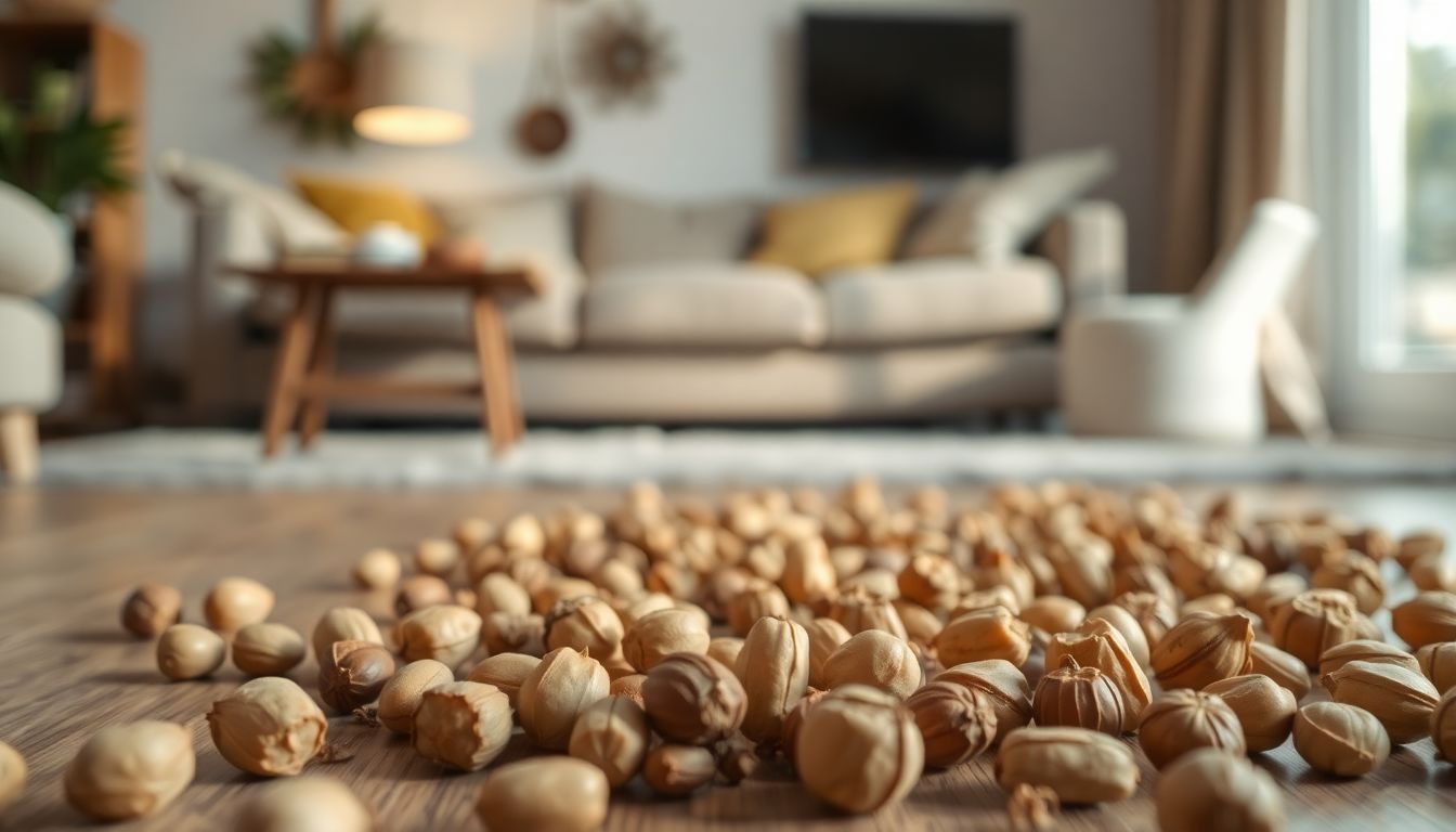 Giftige noten verspreid op de vloer van een huiselijk woongedeelte. Giftige noten verspreid op de vloer van een huiselijk woongedeelte.