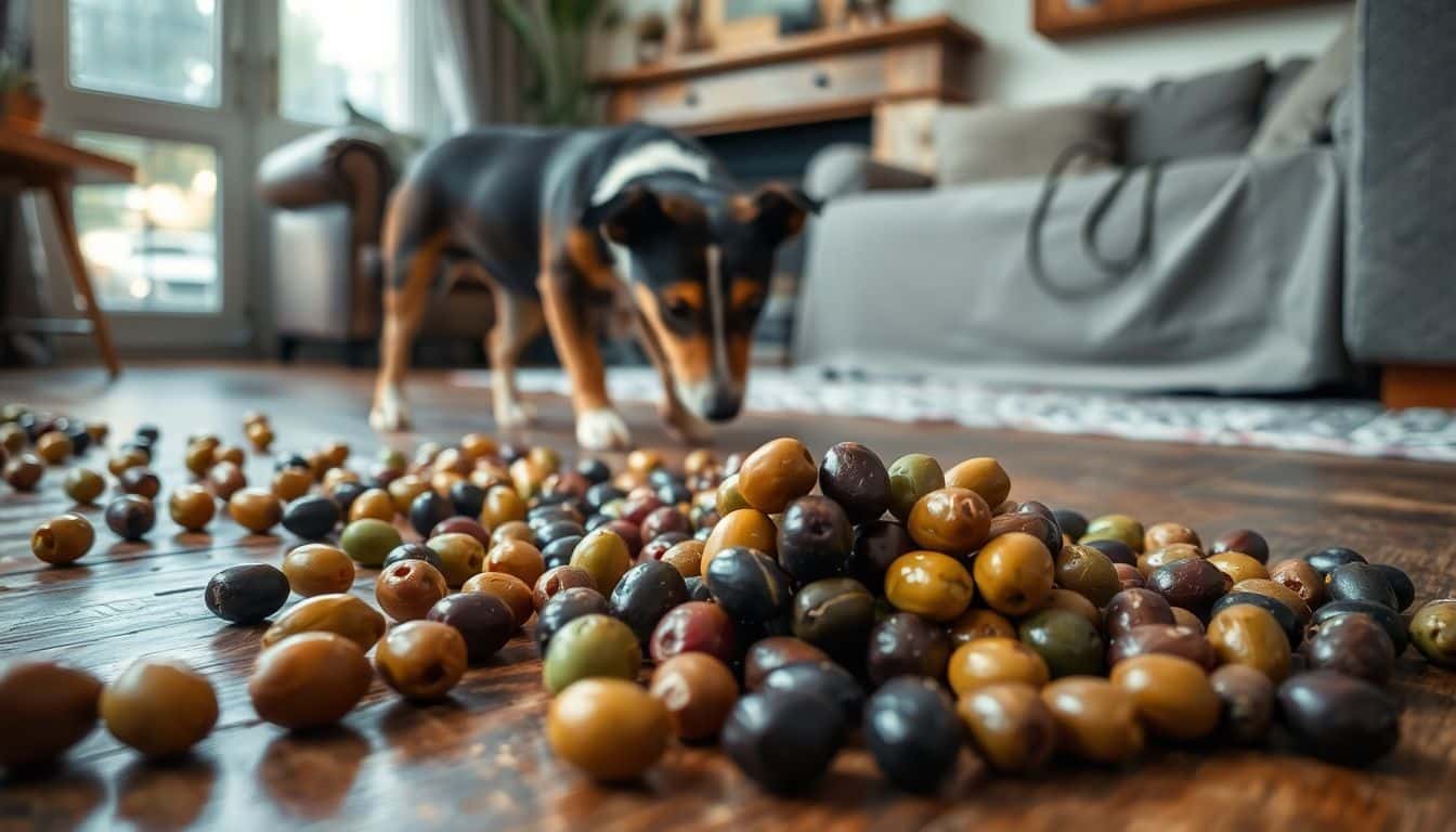 Een hond snuffelt aan olijven op de vloer, waarschuwing voor huisdieren.