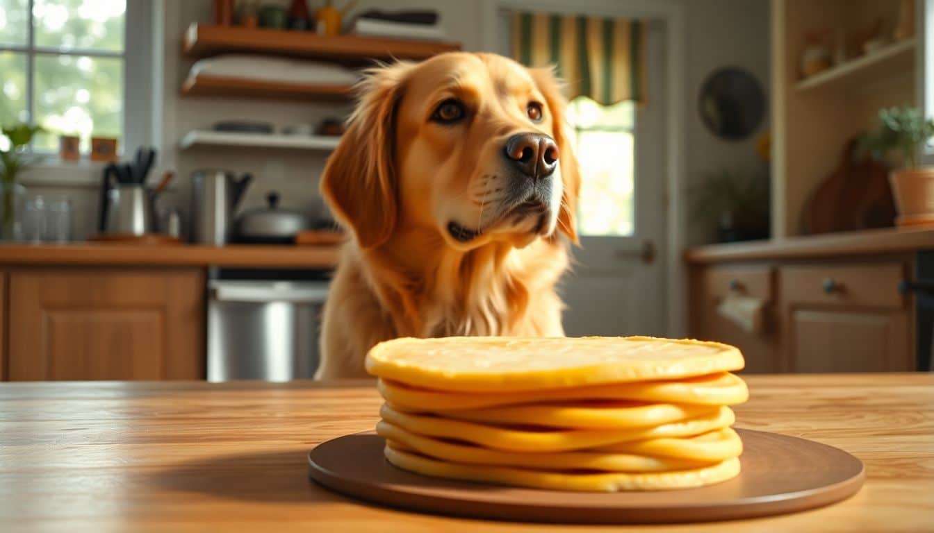 Een enthousiaste golden retriever kijkt naar de pannenkoeken op tafel.