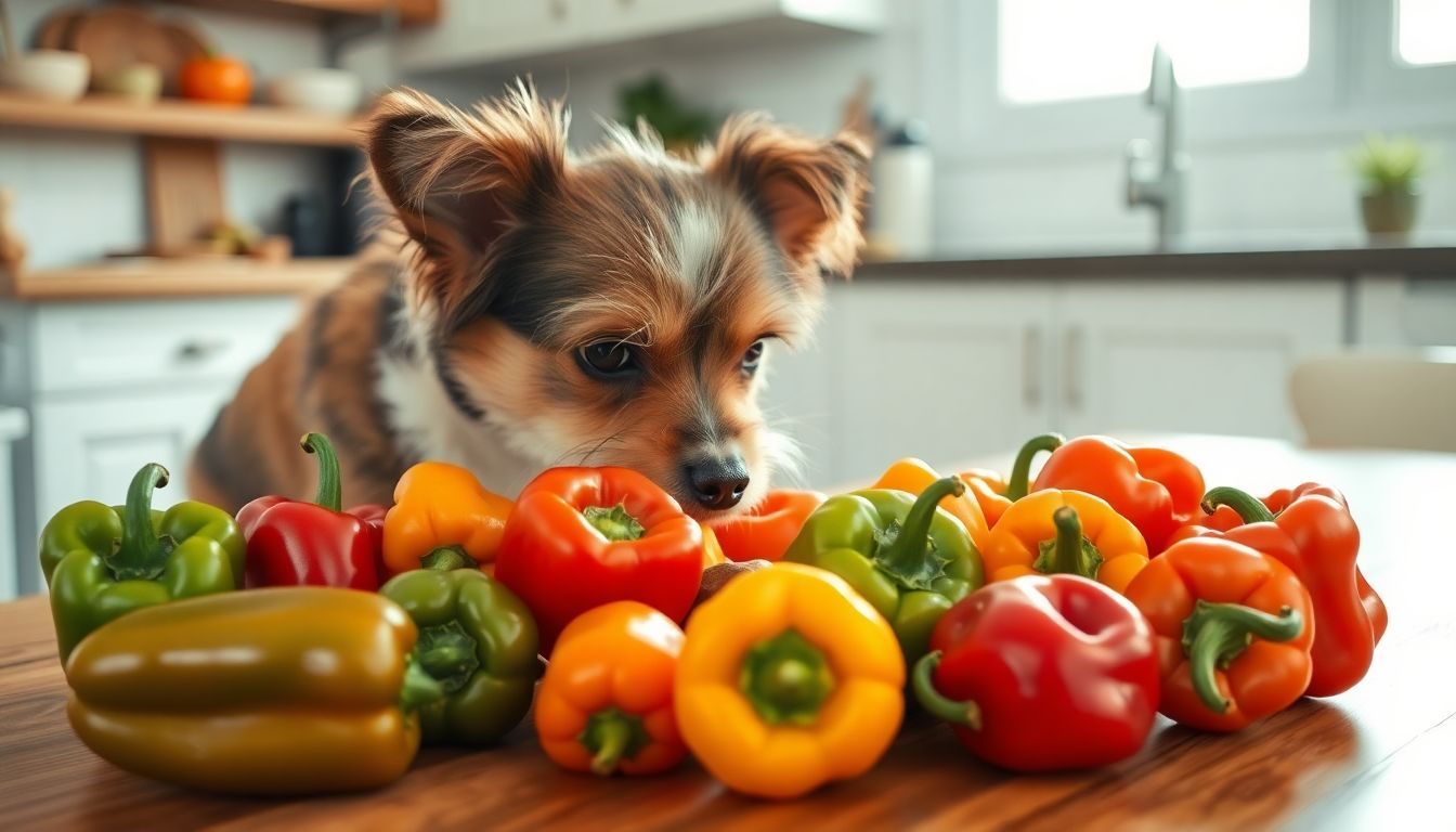 Een kleine hond snuffelt vrolijk aan kleurrijke paprika's op een houten tafel.
