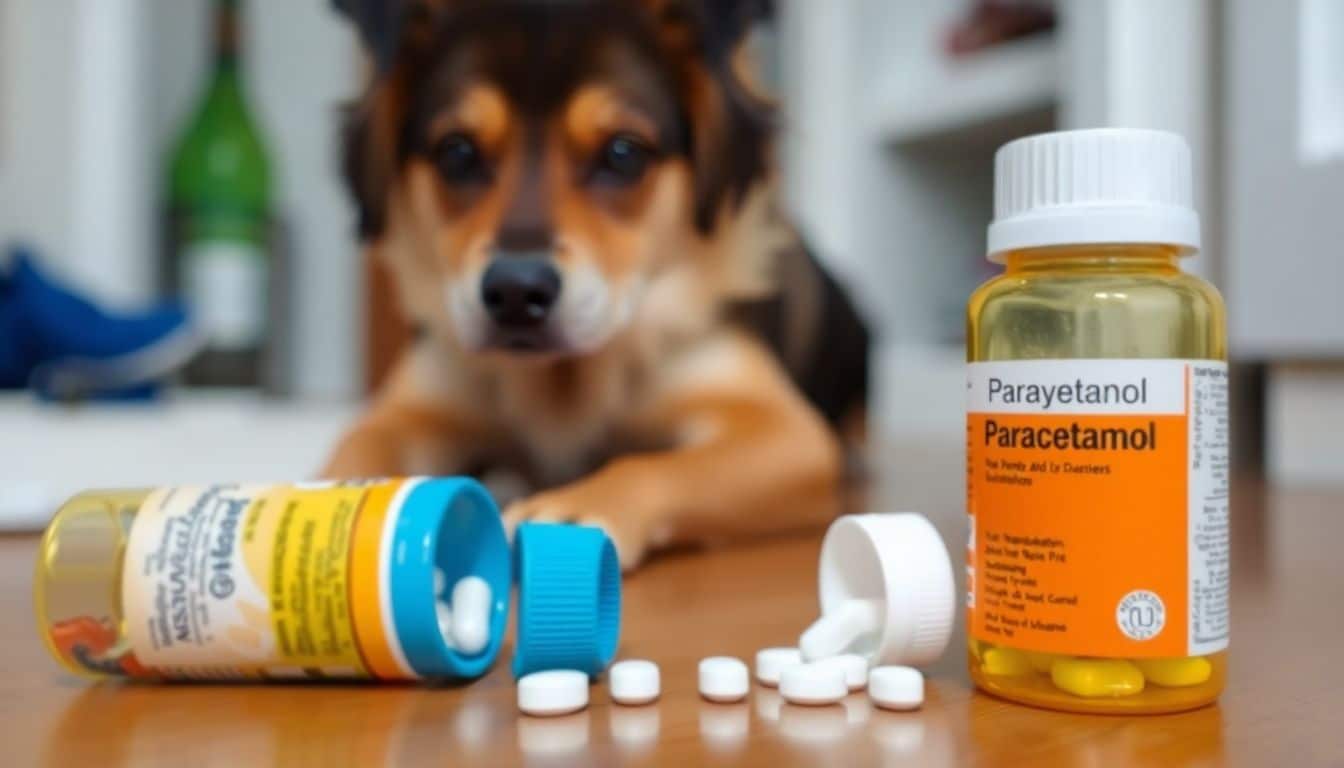 Een onscherpe foto van een hond naast een fles paracetamol.