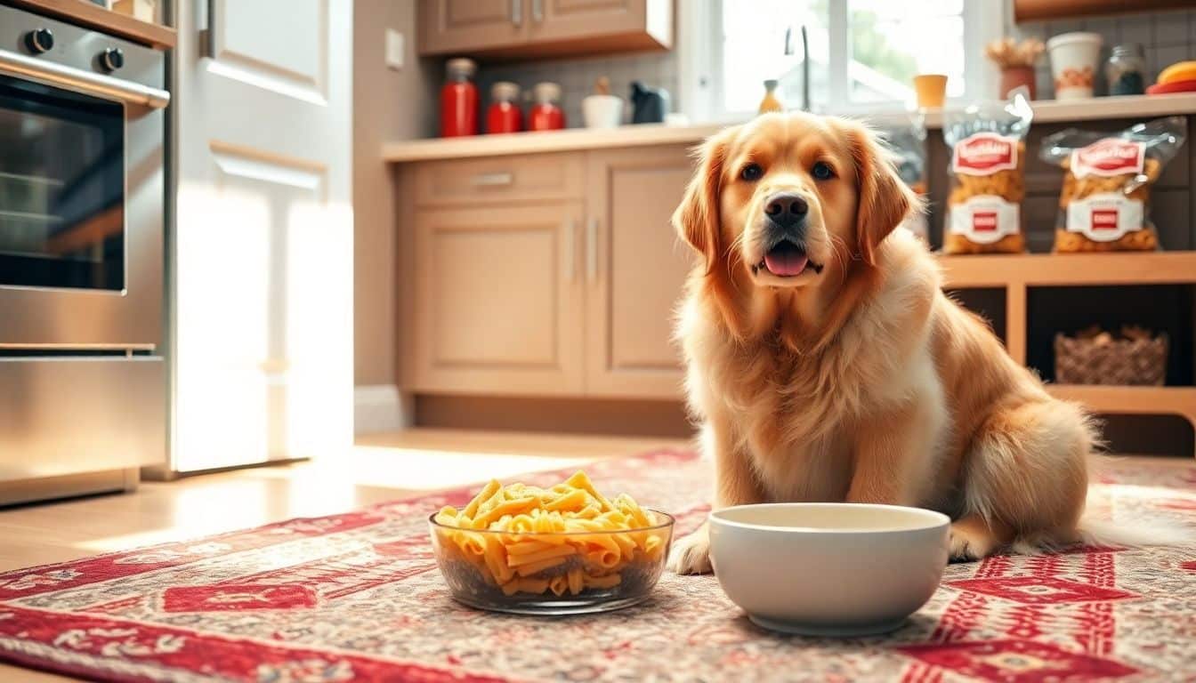 Een gouden retriever kijkt aandachtig naar een kom pasta in de keuken. Een gouden retriever kijkt aandachtig naar een kom pasta in de keuken.