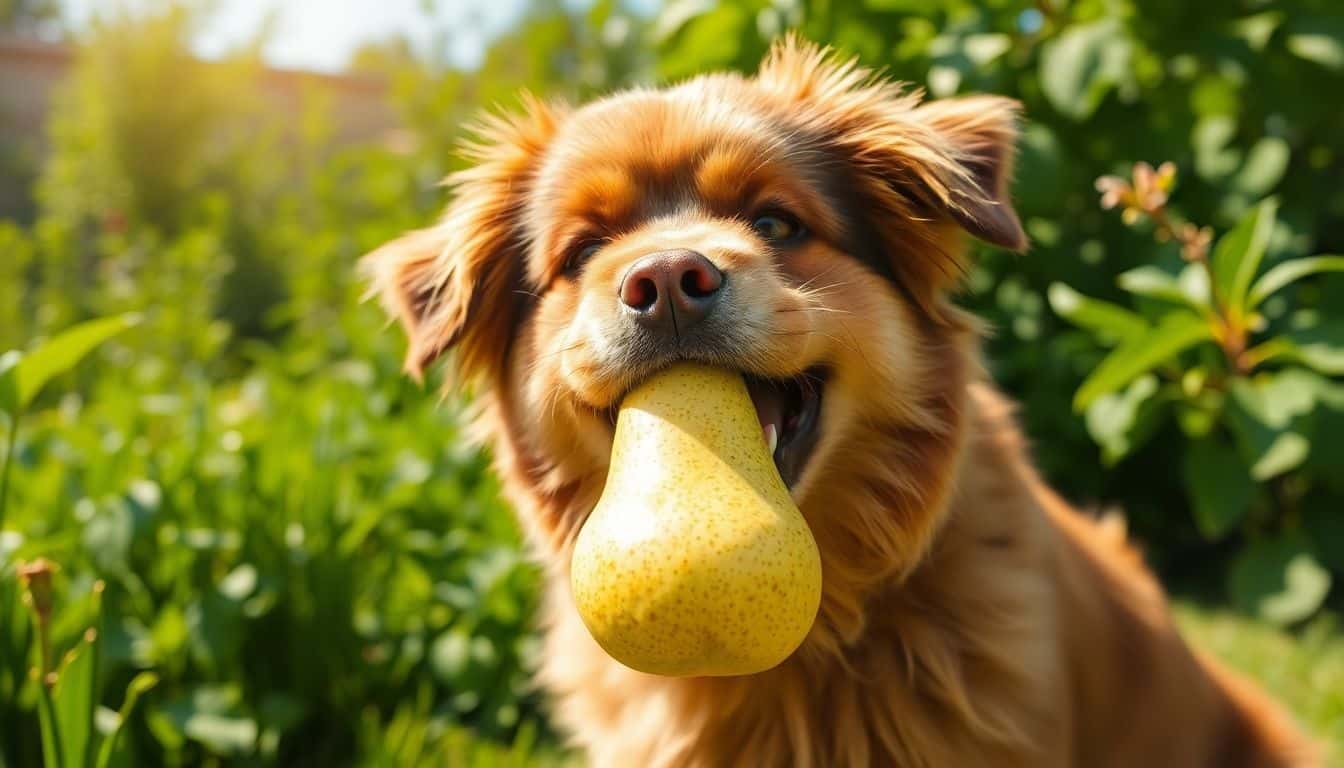 Een vrolijke hond eet een peer in de tuin.