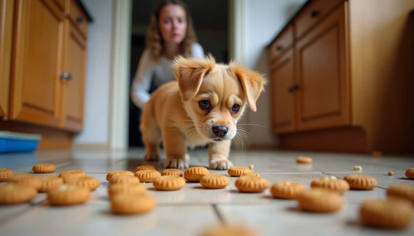 Een speelse hond snuffelt aan verspreide pepernoten op de keukenvloer. Een speelse hond snuffelt aan verspreide pepernoten op de keukenvloer.