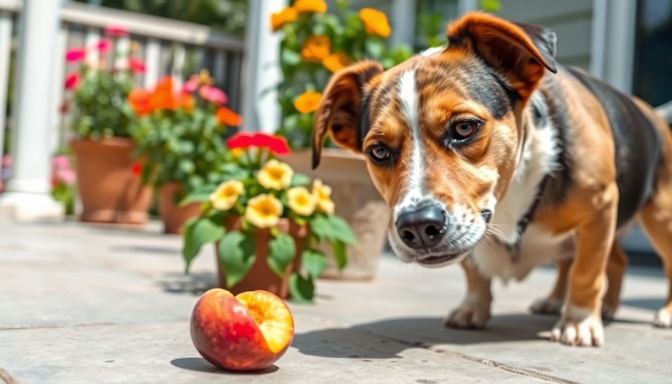 Een nieuwsgierige hond snuffelt aan een rijpe perzik op een zonnig terras.