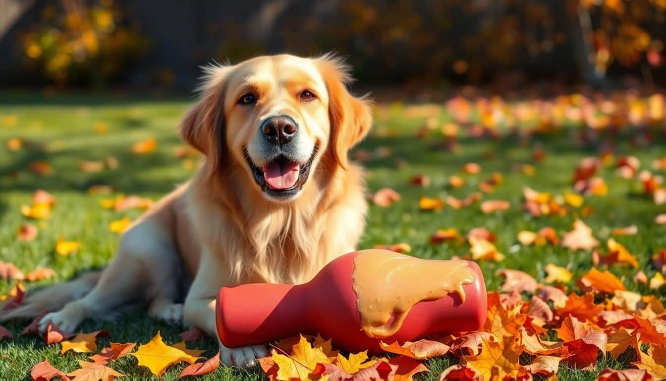 Een gouden retriever geniet van een peanut butter Kong speeltje in de herfsttuin.