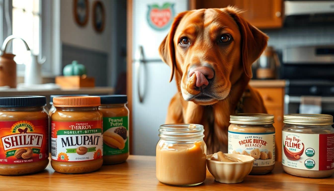 Een bruine labrador likt pindakaas af in de keuken. Een bruine labrador likt pindakaas af in de keuken.