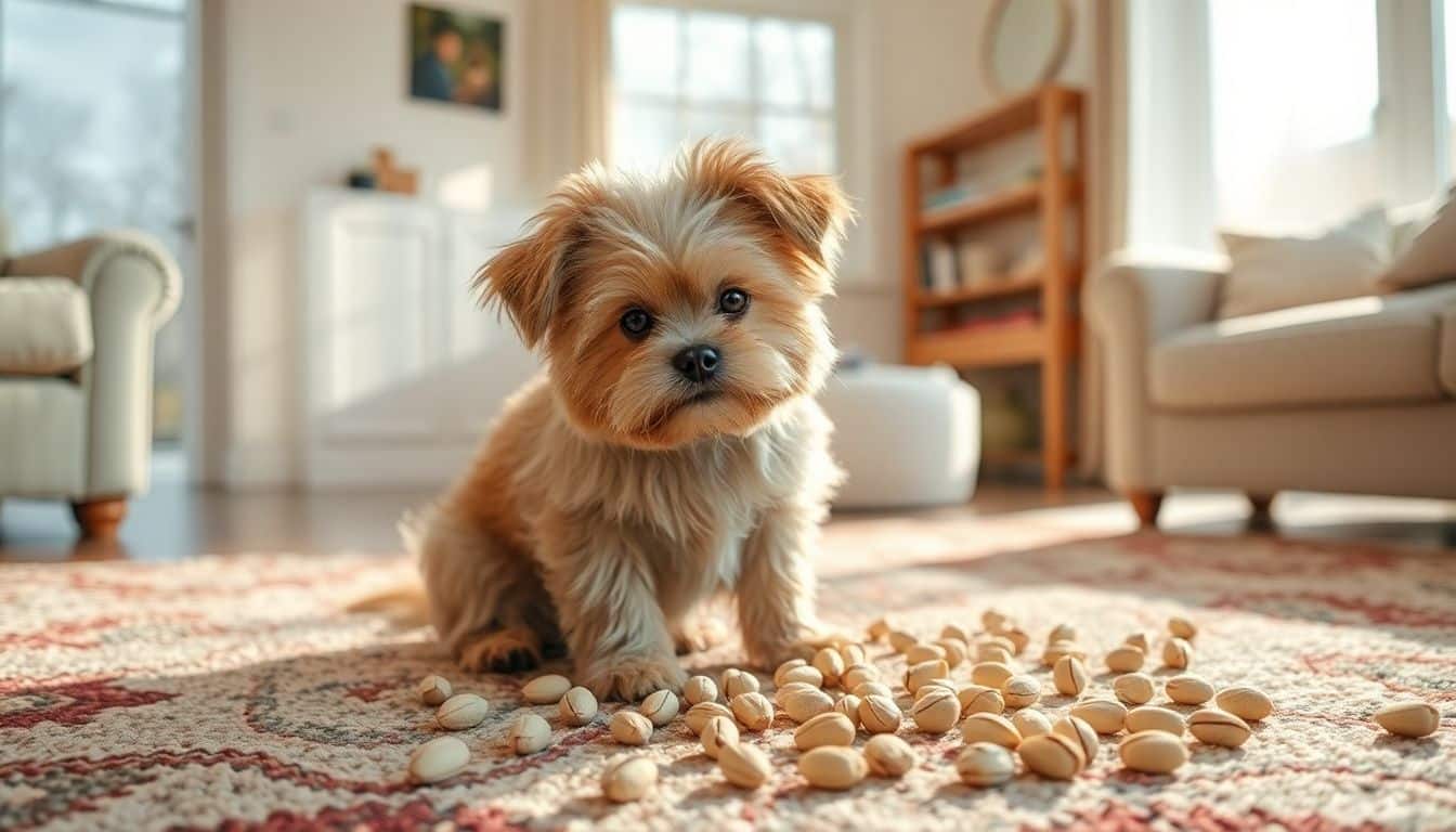 Een kleine, pluizige hond eet pistachenoten op een zacht tapijt.