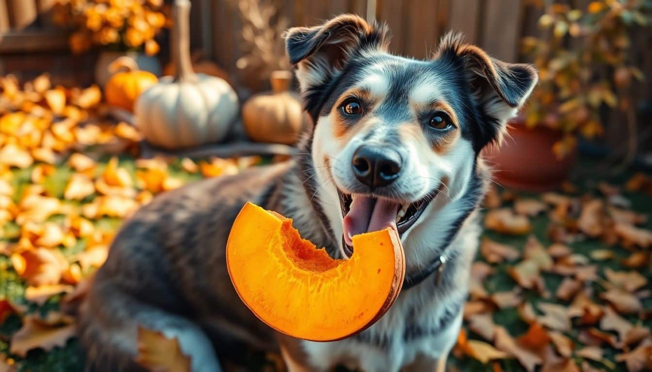 Een vrolijke hond geniet van een plakje pompoen in de achtertuin.