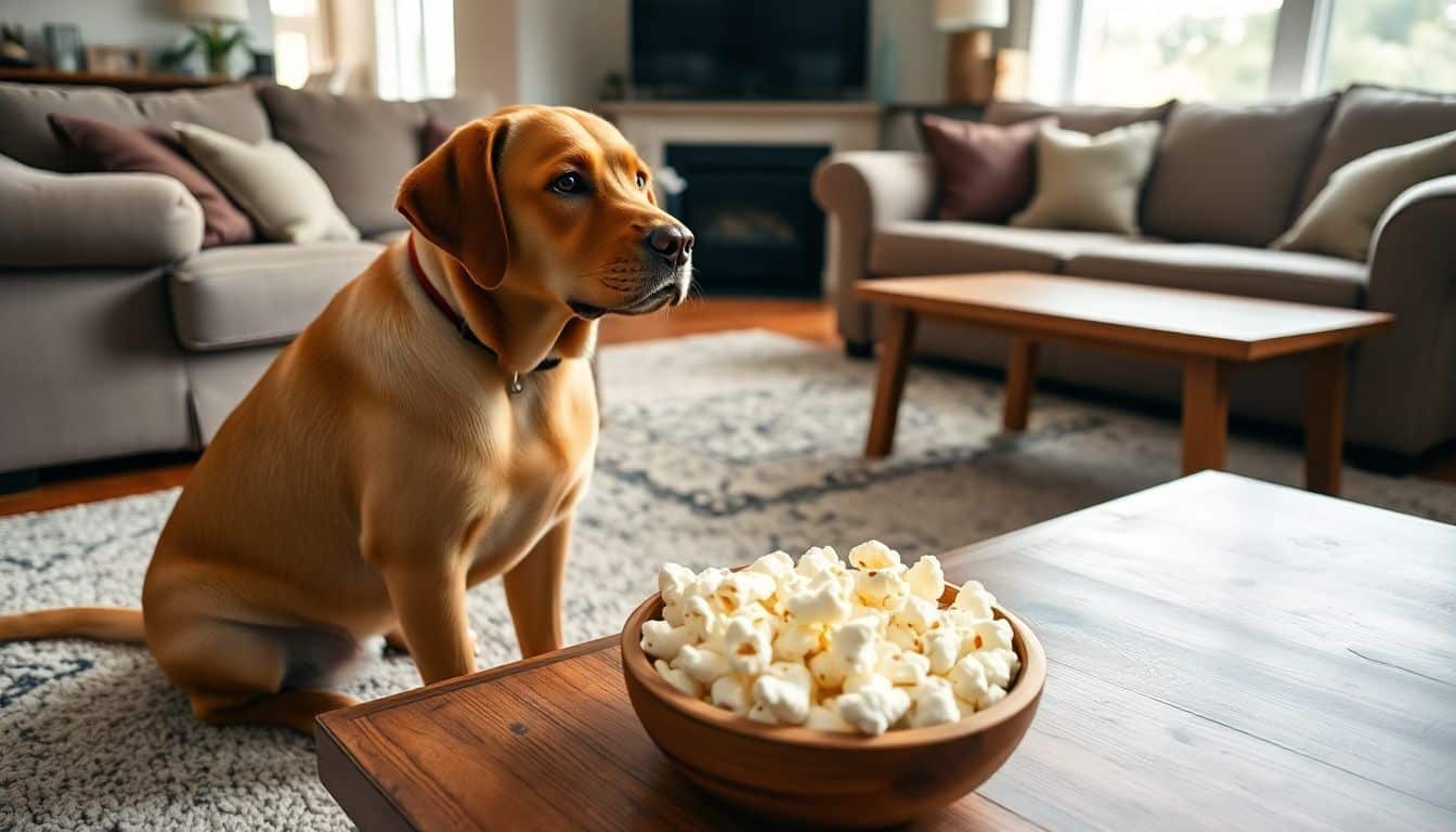 Een vrolijke Labrador kijkt naar een kom met popcorn in de woonkamer.