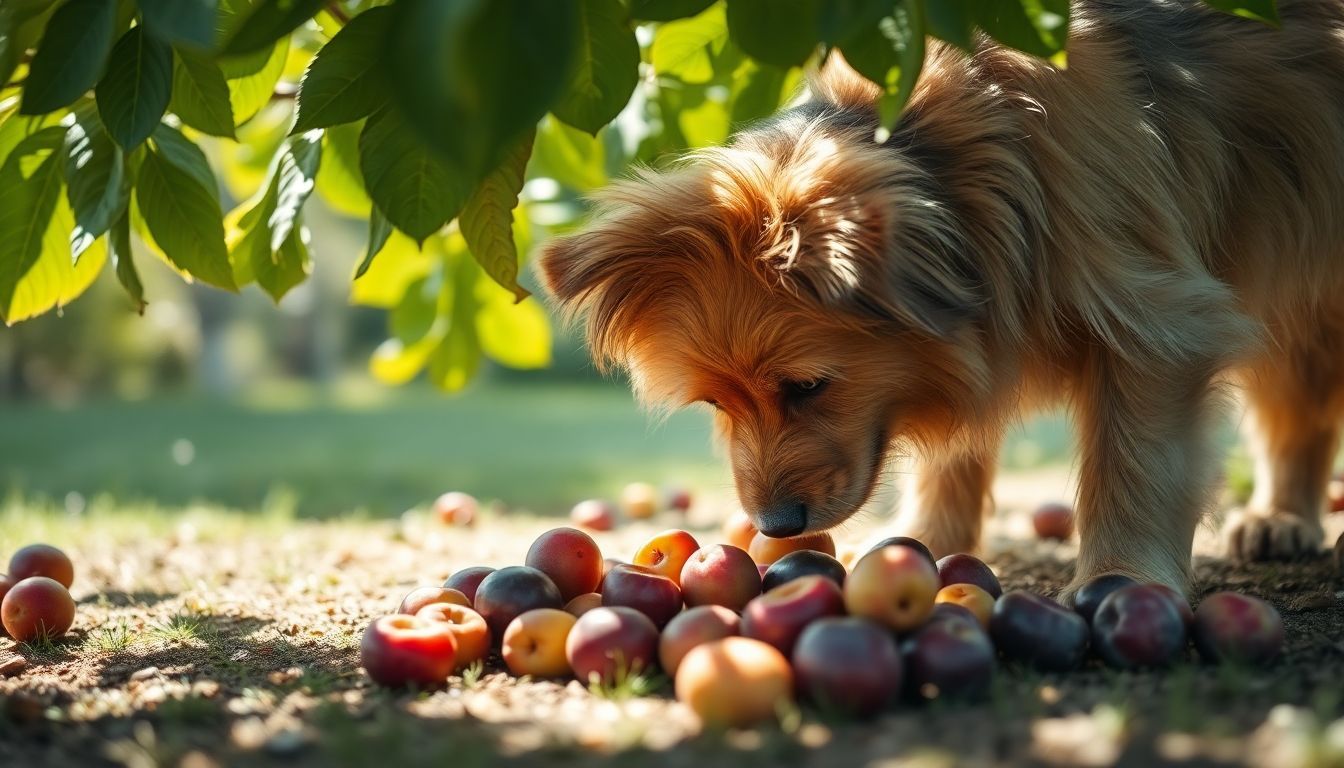 Een harige hond snuffelt aan rijpe pruimen onder een bladerrijke boom.
