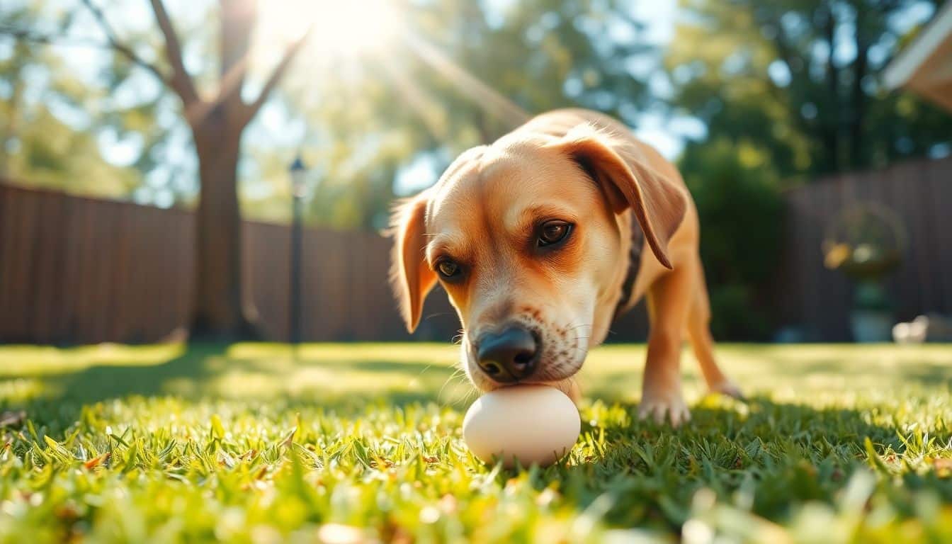 Een hond snuift aan een rauw ei in een zonnige achtertuin.