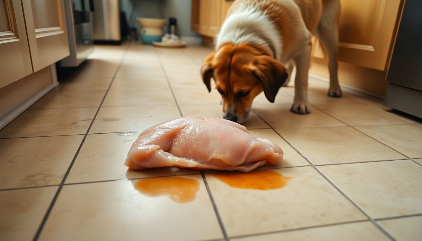 Een rommelige keukenvloer met onbewerkt kippenvlees en een nieuwsgierige hond.