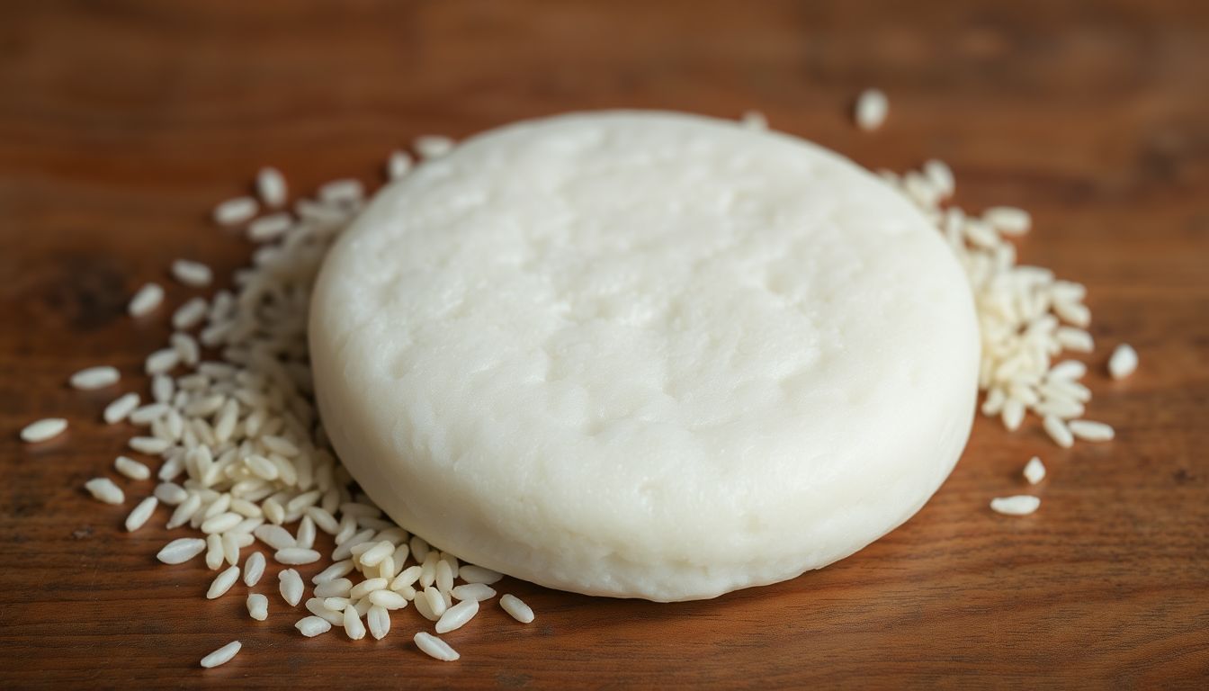 Een close-up foto van een eenvoudige rijstcake op een houten oppervlak.