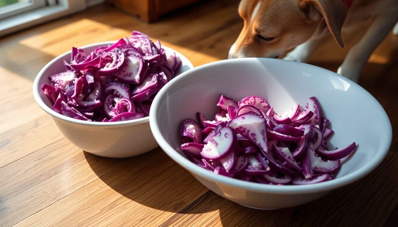 Een hond snuffelt aan een kom met gesneden rode kool op de vloer.