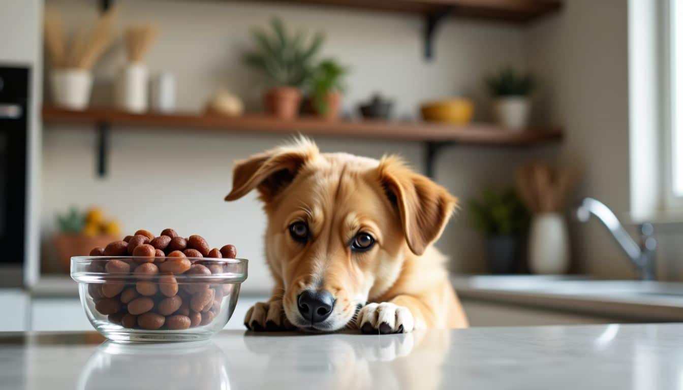 Een nieuwsgierige hond besnuffelt de rozijnen in een glazen kom. Een nieuwsgierige hond besnuffelt de rozijnen in een glazen kom.