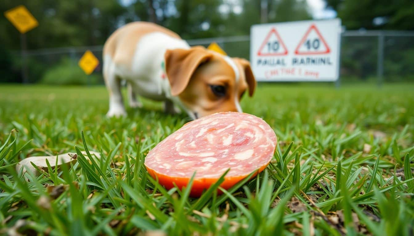 Een nieuwsgierige hond snuift aan een stuk salami op het gras.