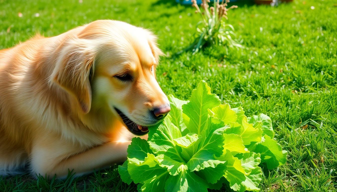 Een gezonde golden retriever eet rustig verse sla in een groene tuin. Een gezonde golden retriever eet rustig verse sla in een groene tuin.