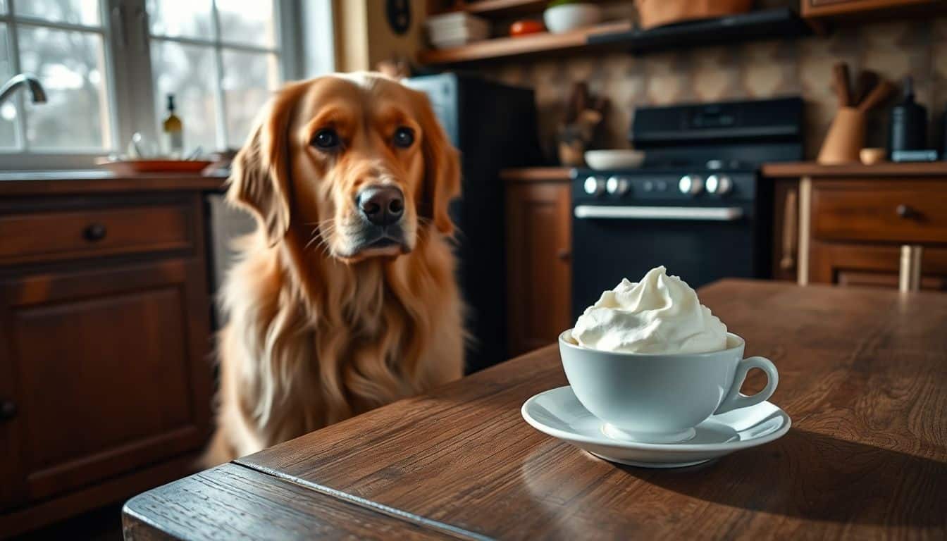 Een golden retriever kijkt verlangend naar een schotel met slagroom.