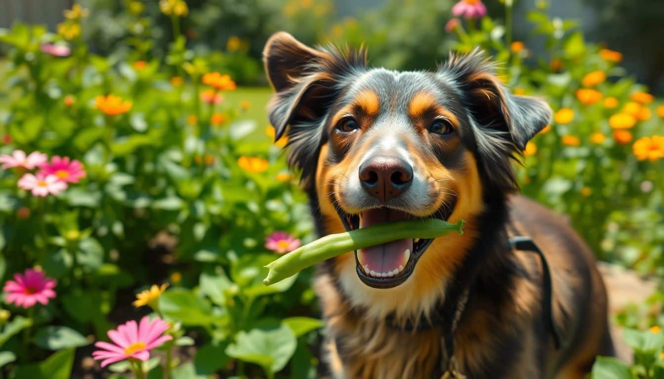 Een blije hond geniet van verse sperziebonen in een zonnige achtertuin.