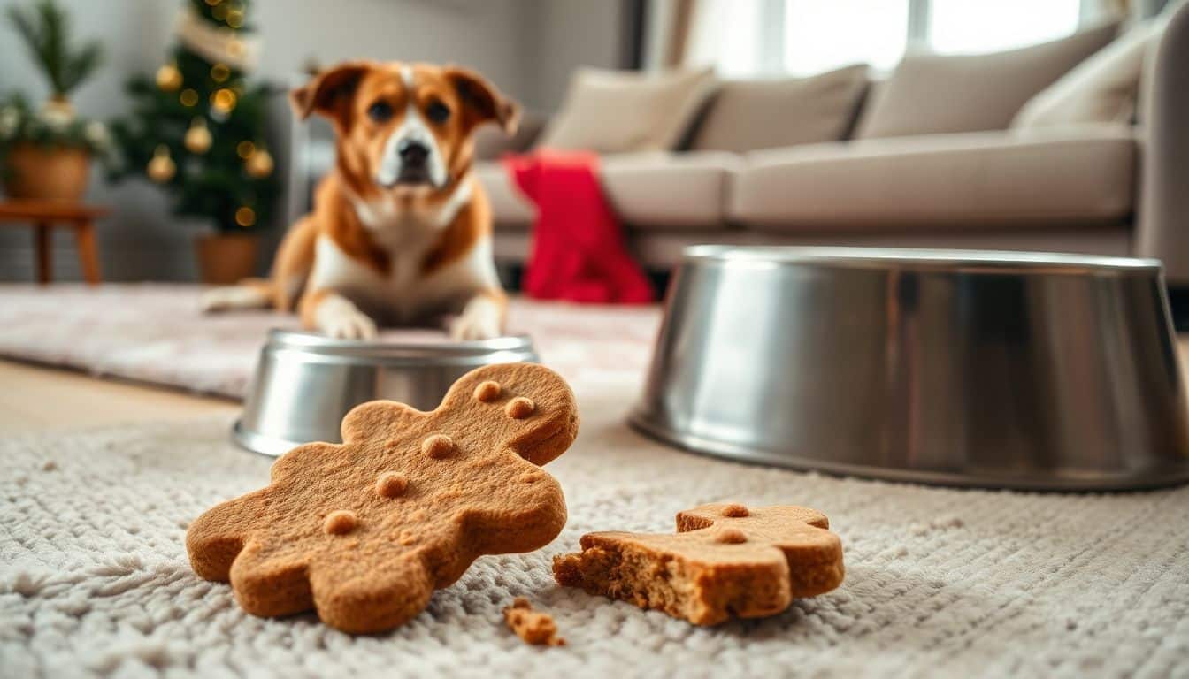 Een hond heeft een gebroken speculaas koek gegeten en voelt zich niet goed.