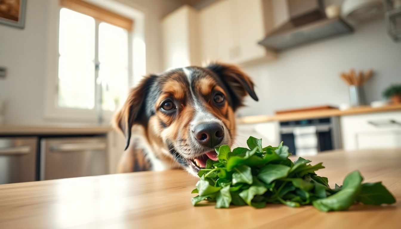Een hond geniet van een gezonde snack, spinazie, in de keuken. Een hond geniet van een gezonde snack, spinazie, in de keuken.