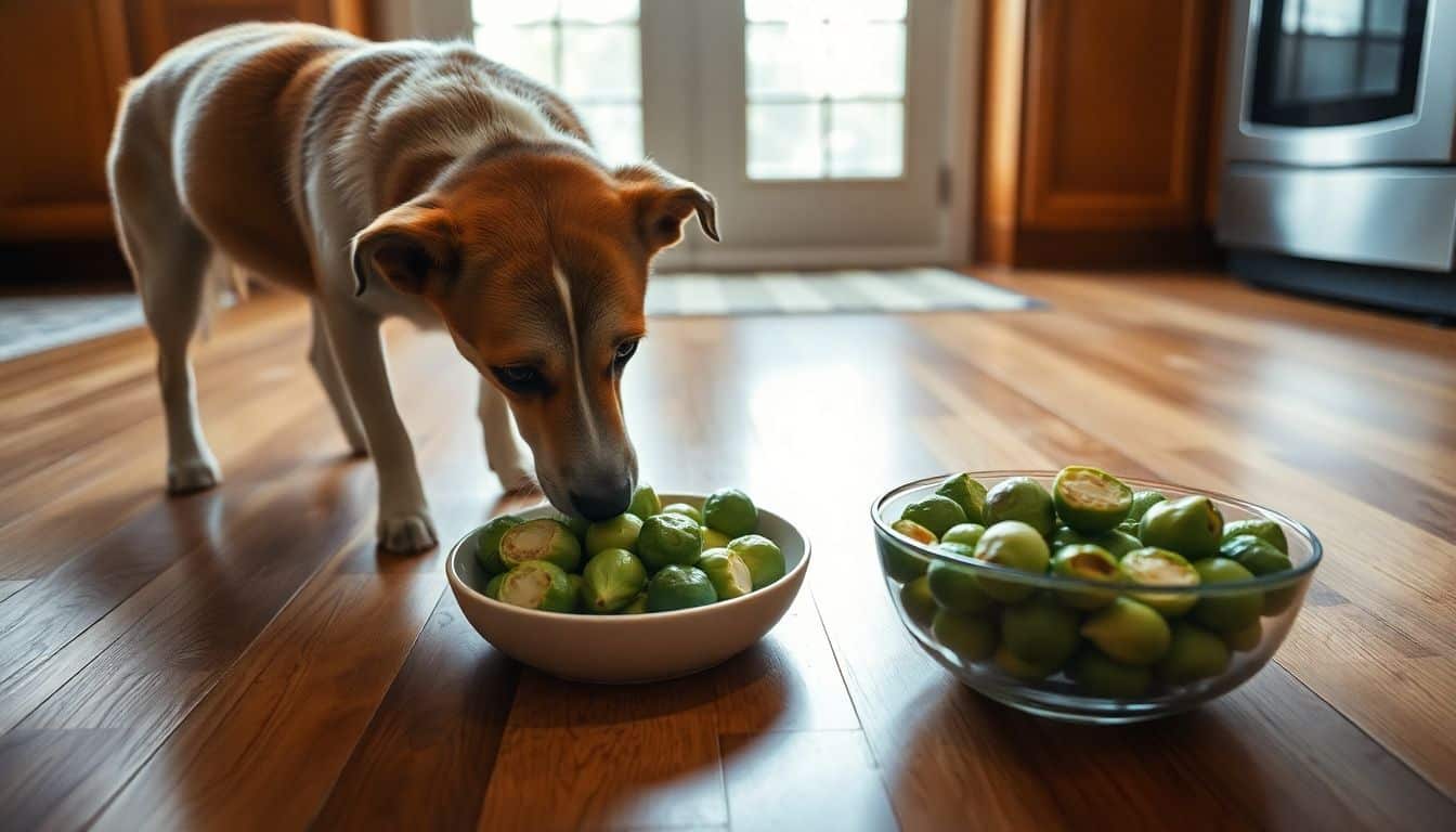 Een nieuwsgierige hond snuffelt aan gekookte spruitjes in een keuken.