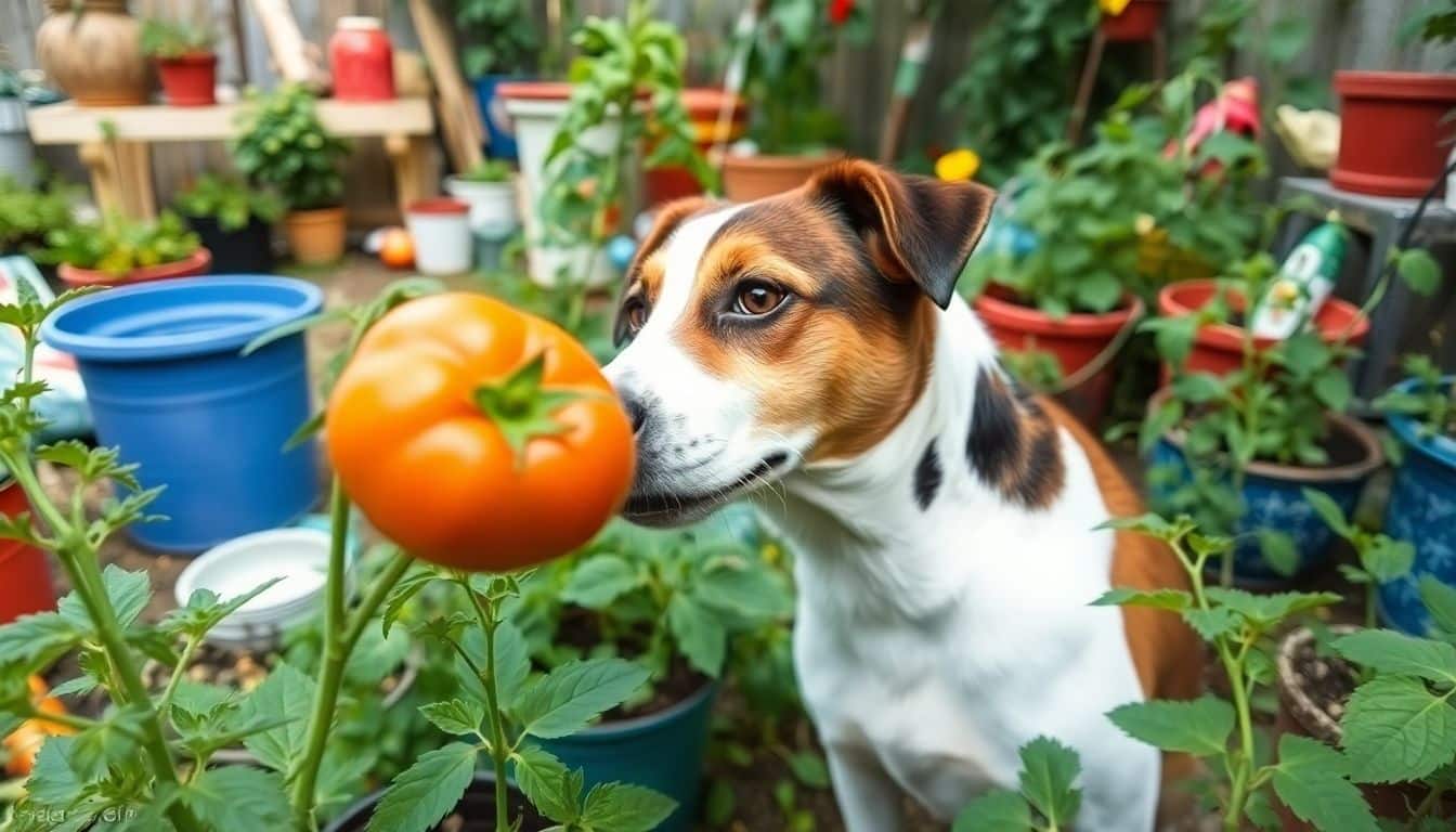 Een hond snuffelt aan een rijpe tomaat in een rommelige achtertuin.