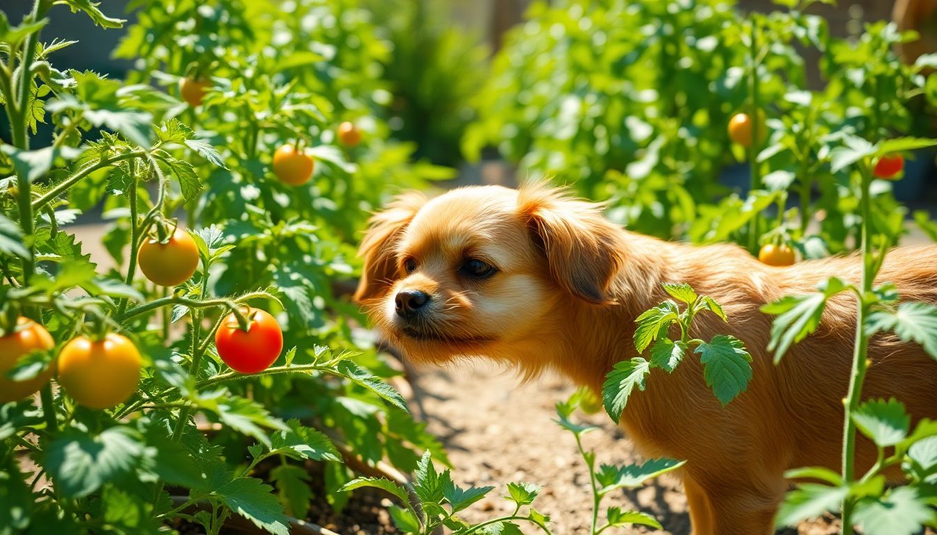 Een kleine bruine hond snuift aan een rijpe tomaat in een achtertuin.