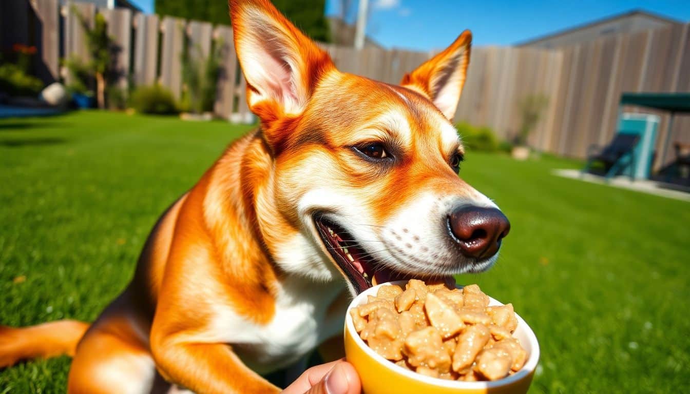 Een vrolijke hond geniet van een kom verse tonijn in de achtertuin.
