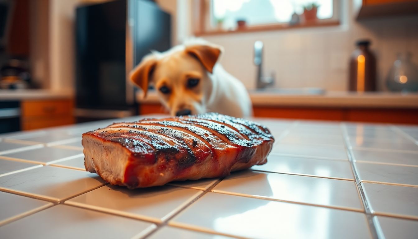 Een perfect gegaard stuk varkensvlees wordt besnuffeld door een nieuwsgierige hond.