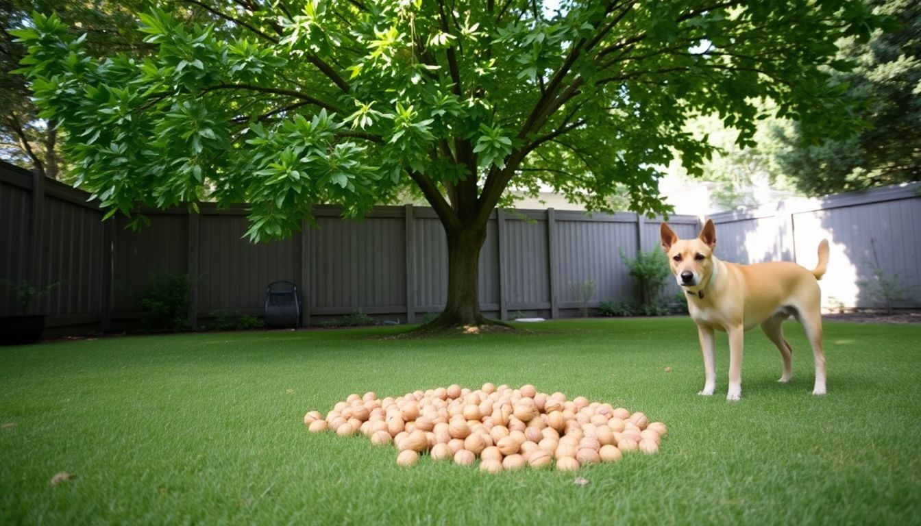 Een rustige achtertuin met een nieuwsgierige hond en walnoten.