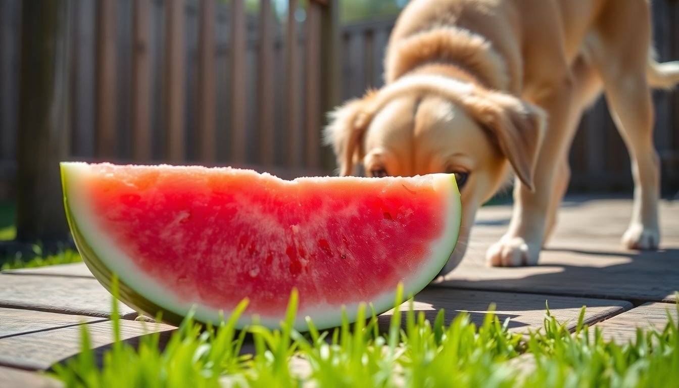 Een hond snuift aan een stuk verse watermeloen in een achtertuin.