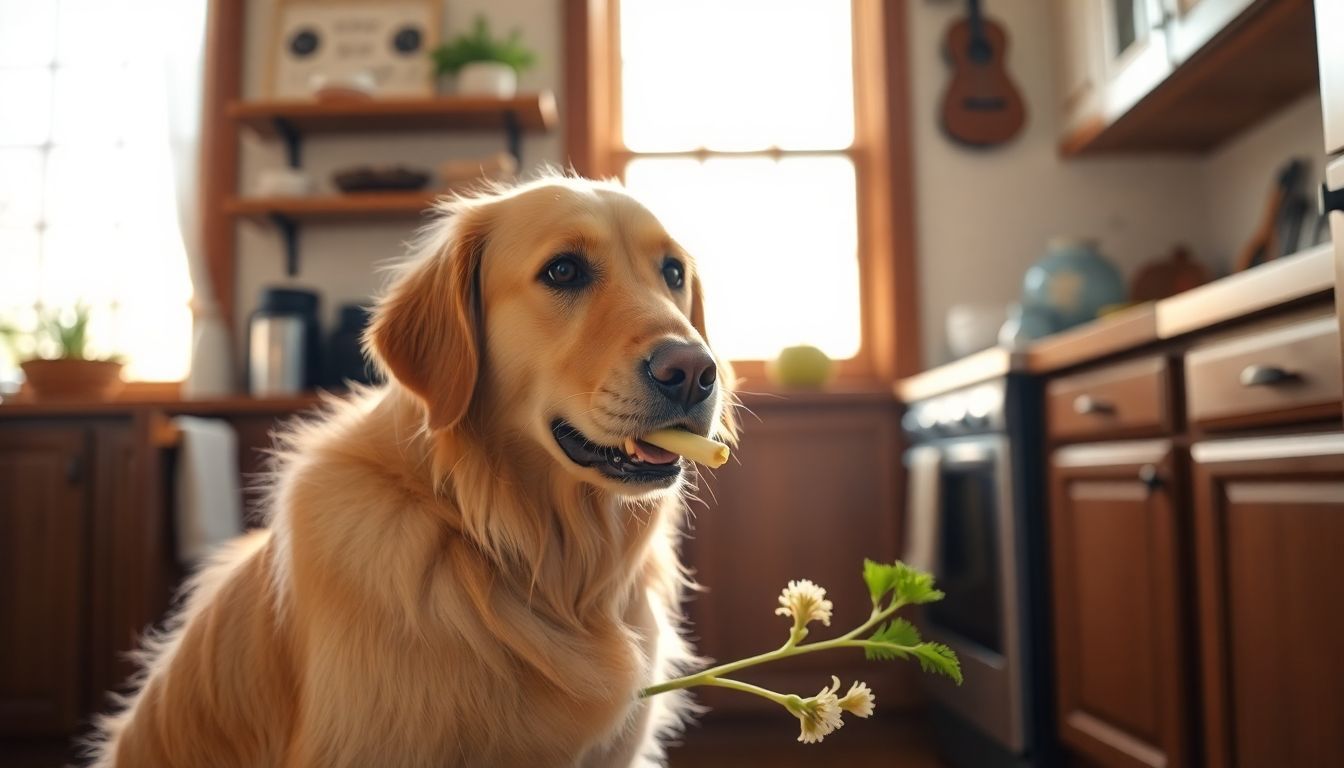Een gouden retriever geniet van een stuk witlof in de keuken.