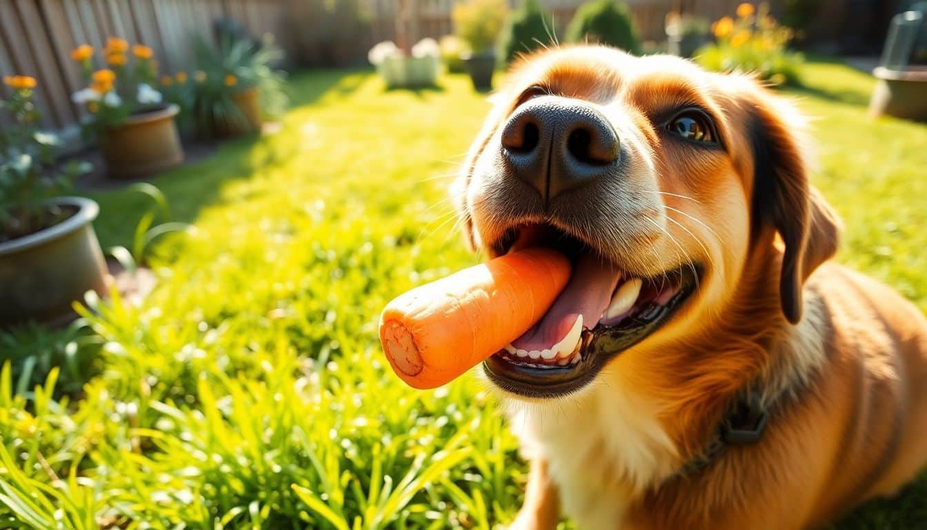 Een hond kauwt vrolijk op een wortel in de tuin.