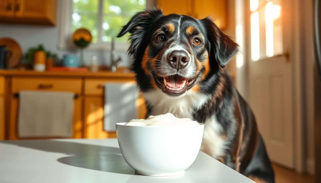 Een middelgrote hond eet vrolijk van een kommetje yoghurt in de keuken.