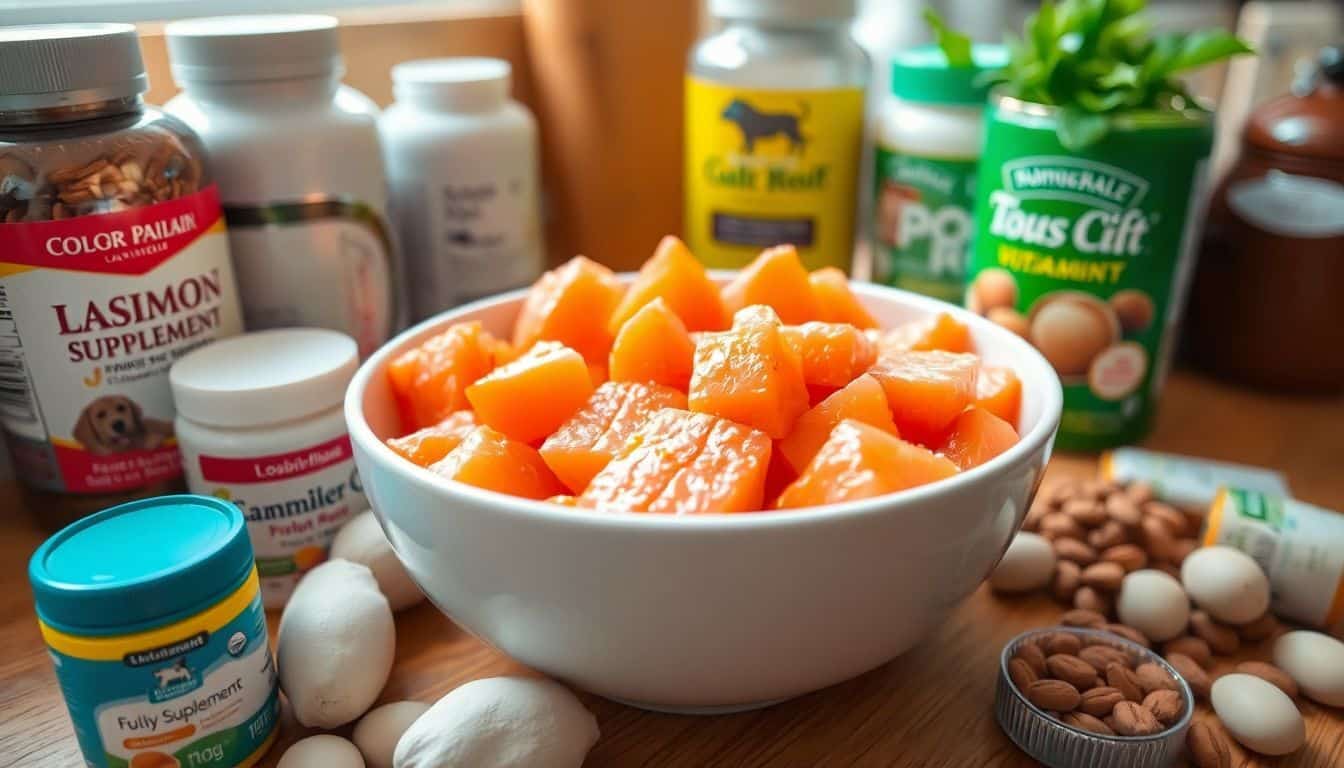Een kom met verse zalm en hondensupplementen in een keuken. Een kom met verse zalm en hondensupplementen in een keuken.