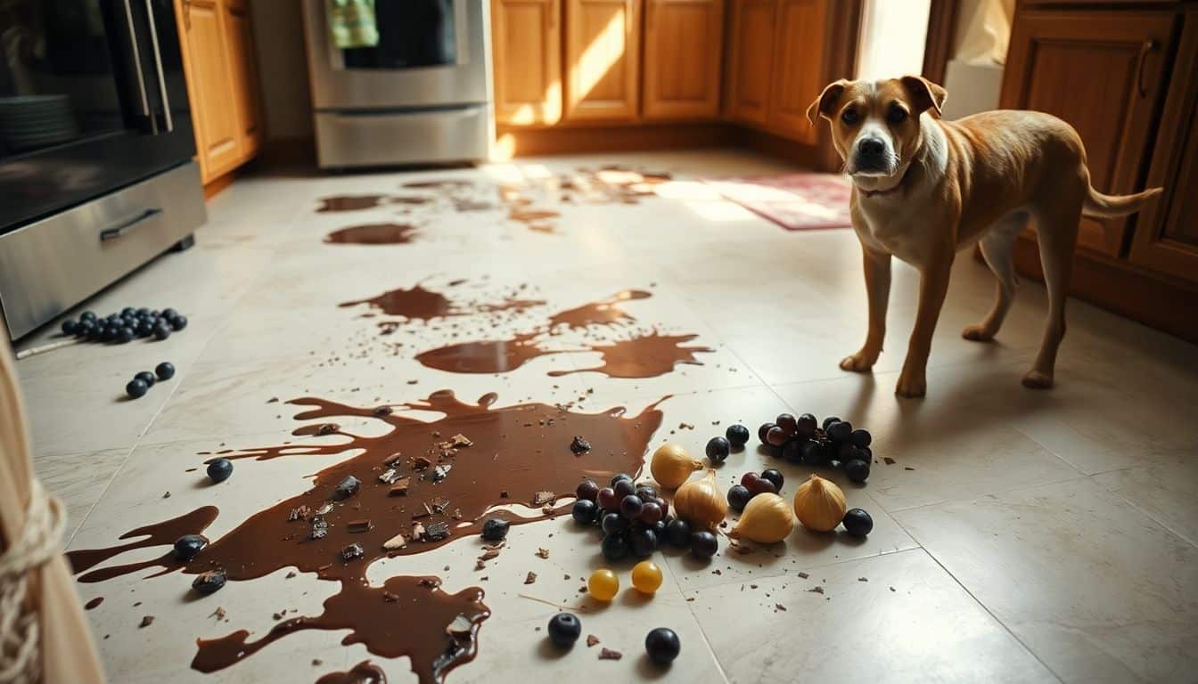 Een rommelige keukenvloer met gemorst voedsel en een bezorgde hond.